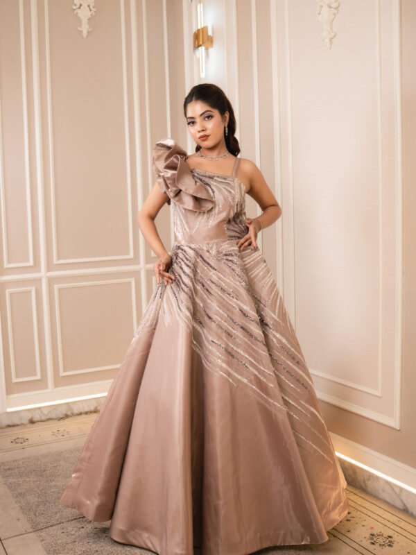 Celestial Taupe Cascading Ruffle Gown