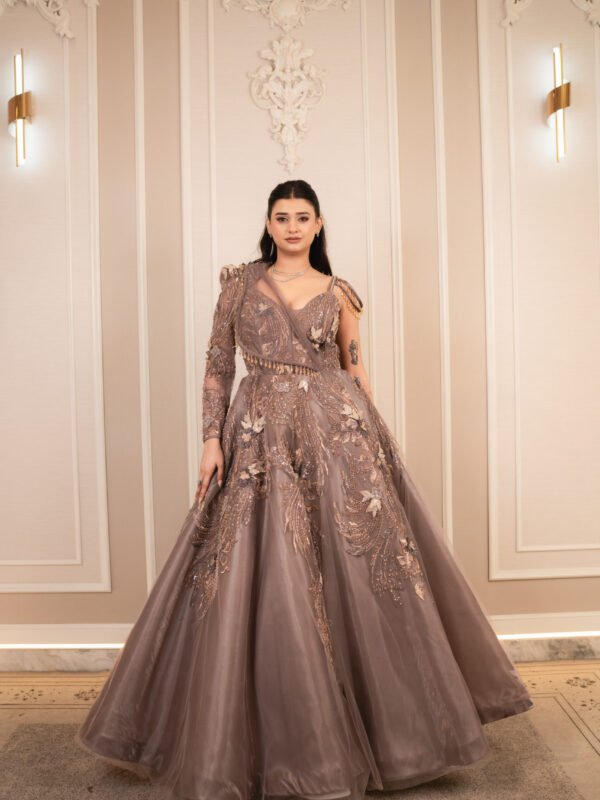 The Celestial Taupe Asymmetric Embellished Ballgown