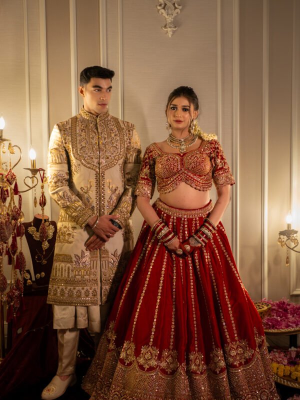 The Mangalarambh Collection: Royal Cherry Red Bridal Lehenga & Deep Oyster Kalakari Sherwani