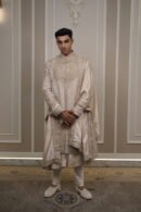 Champagne Beige Zardozi & Sequined Sherwani Set with Draped Stole