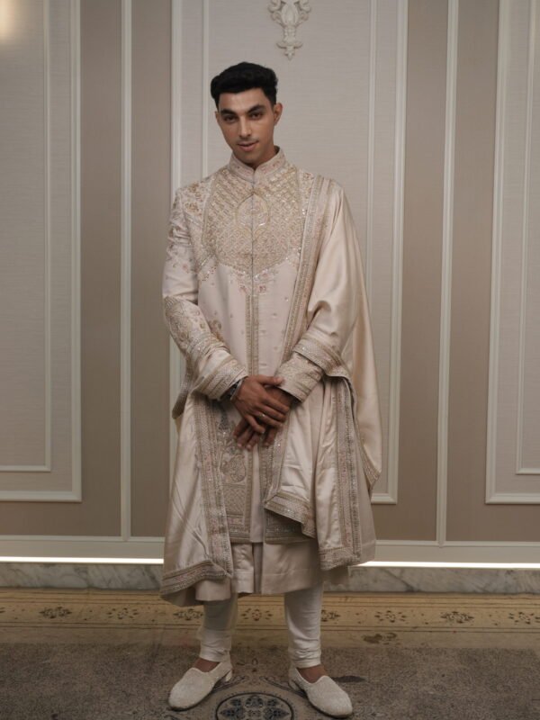 Champagne Beige Zardozi & Sequined Sherwani Set with Draped Stole