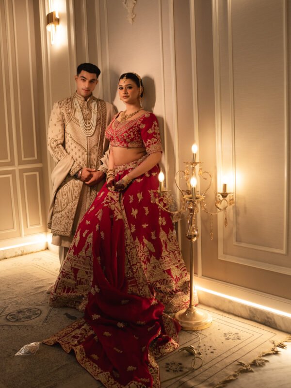 The Heritage Couture Ensemble: Imperial Cherry Red Pure Silk Lehenga & Deep Oyster Sherwani