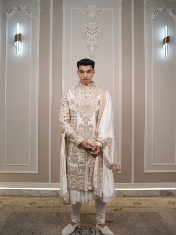 Off-White Hand-Embroidered Architectural Heritage Sherwani Set