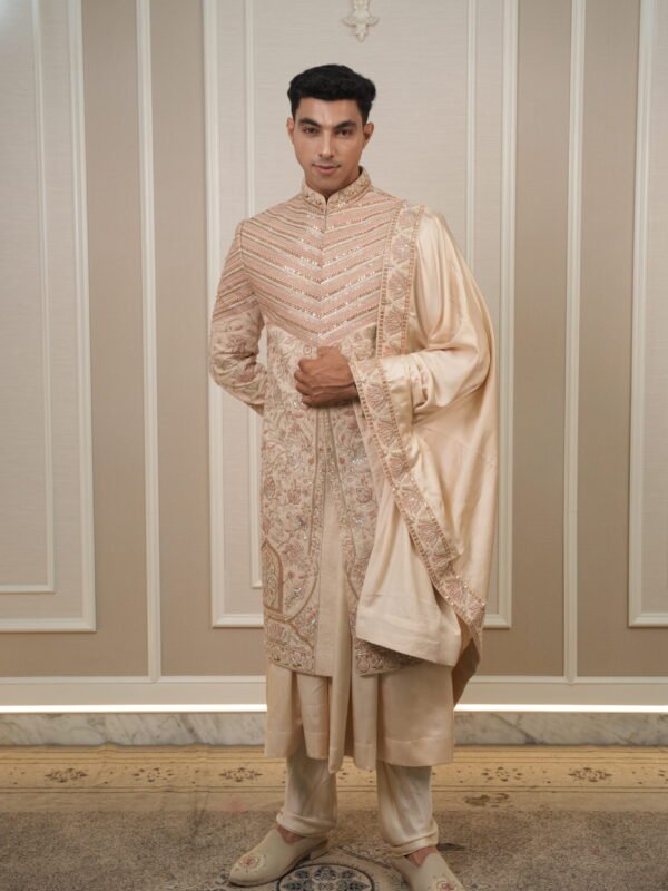 Blush Beige Heavily Embellished Sherwani Set with Matching Stole