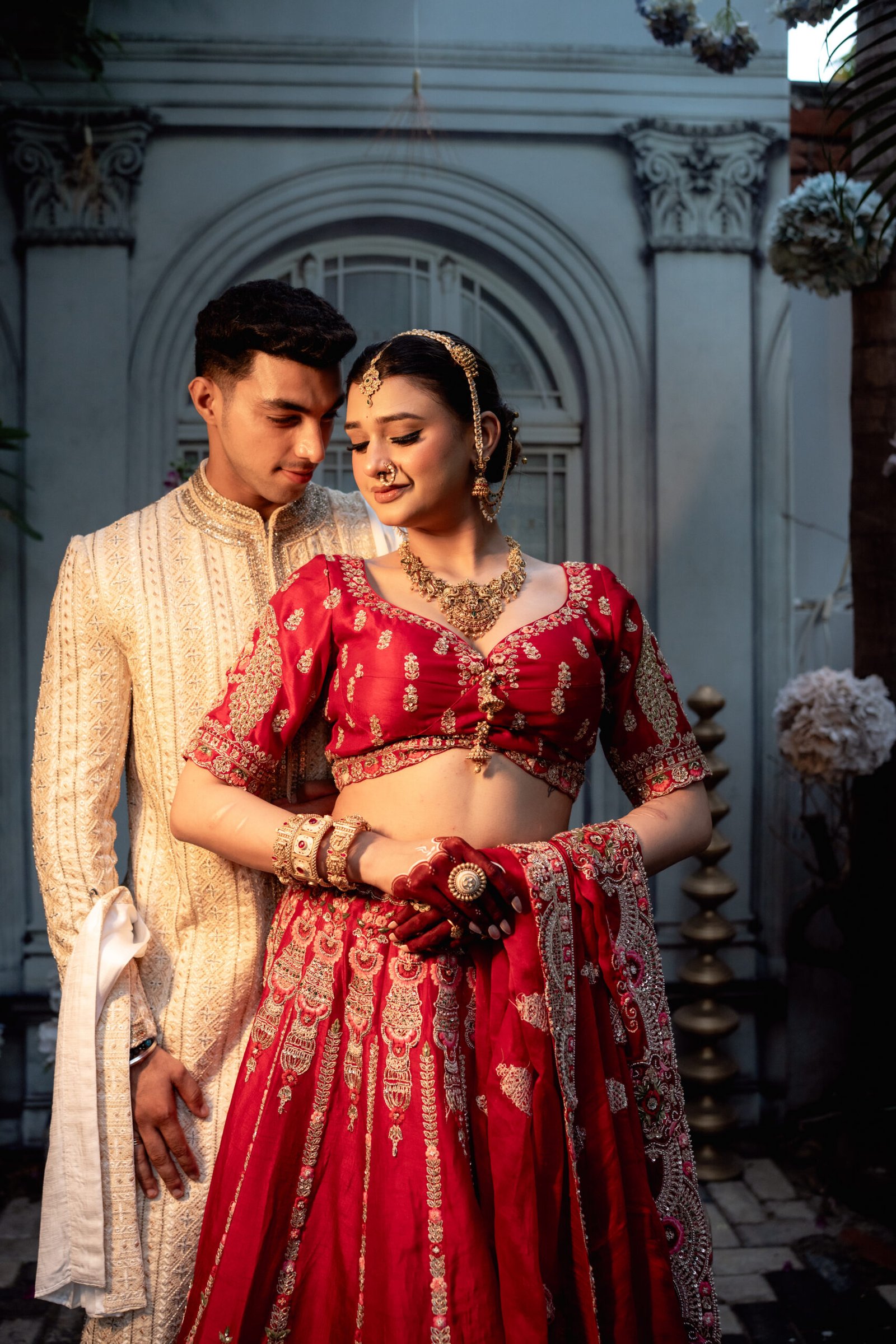 The Heritage Couture Ensemble: Deep Red Pure Silk Lehenga & Gold-Beige Sherwani - Image 2