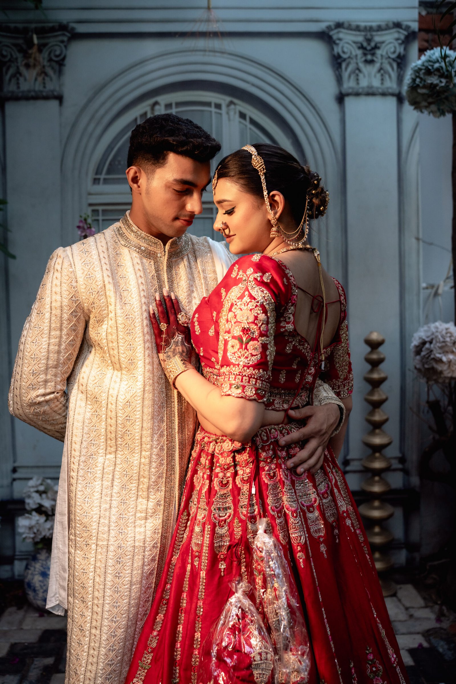 The Heritage Couture Ensemble: Deep Red Pure Silk Lehenga & Gold-Beige Sherwani - Image 3