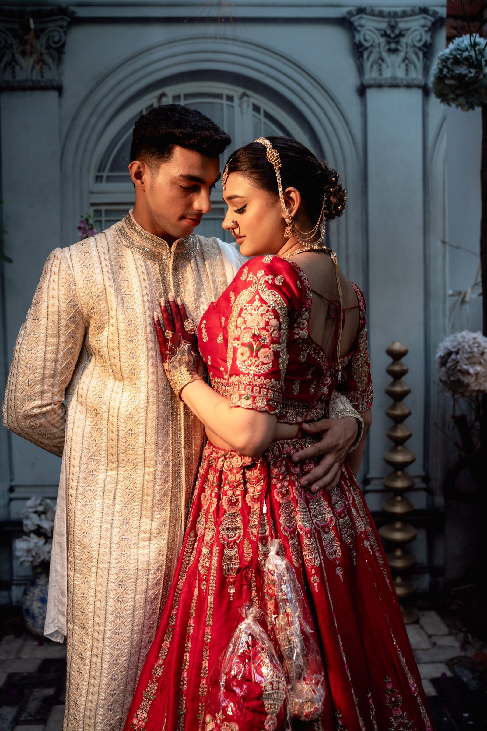 The Heritage Couture Ensemble: Deep Red Pure Silk Lehenga & Gold-Beige Sherwani
