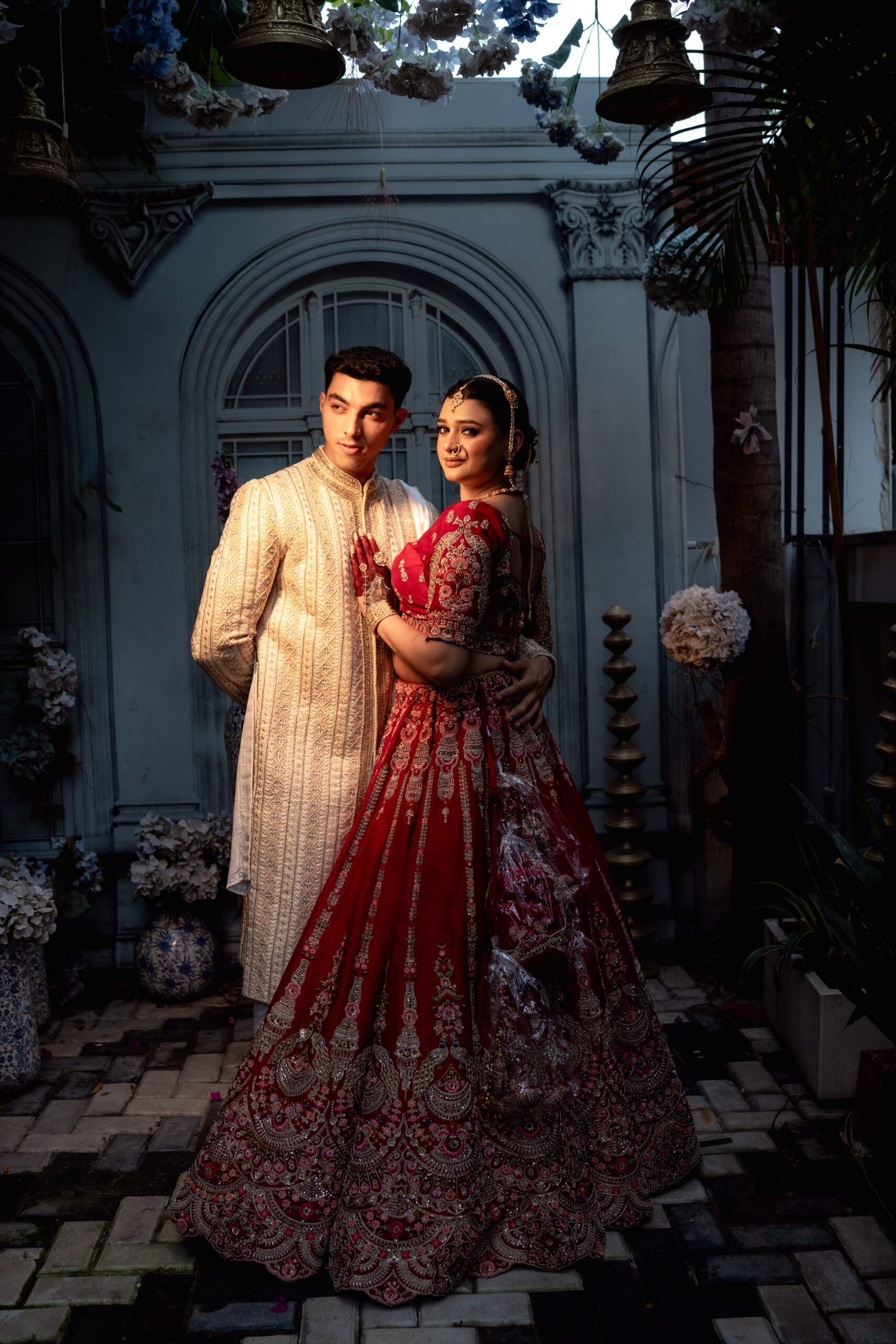 The Heritage Couture Ensemble: Deep Red Pure Silk Lehenga & Gold-Beige Sherwani - Image 4
