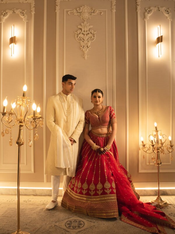 Royal Opulence: Imperial Cherry Red Sabyasachi-Inspired Bridal Lehenga