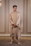 Beige Heavily Embellished Sequin & Threadwork Sherwani Set with Matching Stole