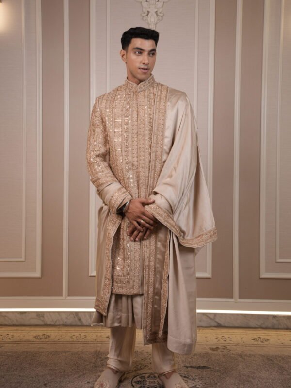 Beige Heavily Embellished Sequin & Threadwork Sherwani Set with Matching Stole