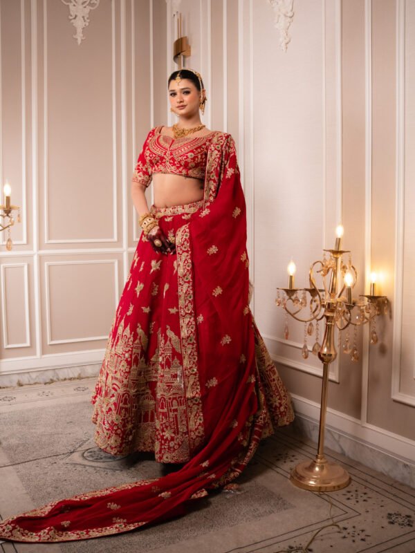 Rajwadi Crimson Architectural Zardozi Lehenga Set