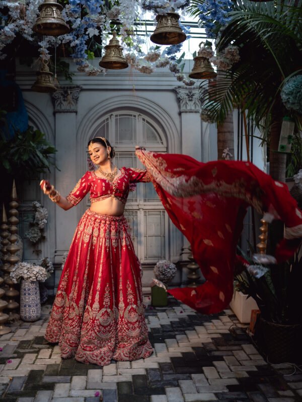 Sheesh Mahal Crimson Zardozi Bridal Lehenga